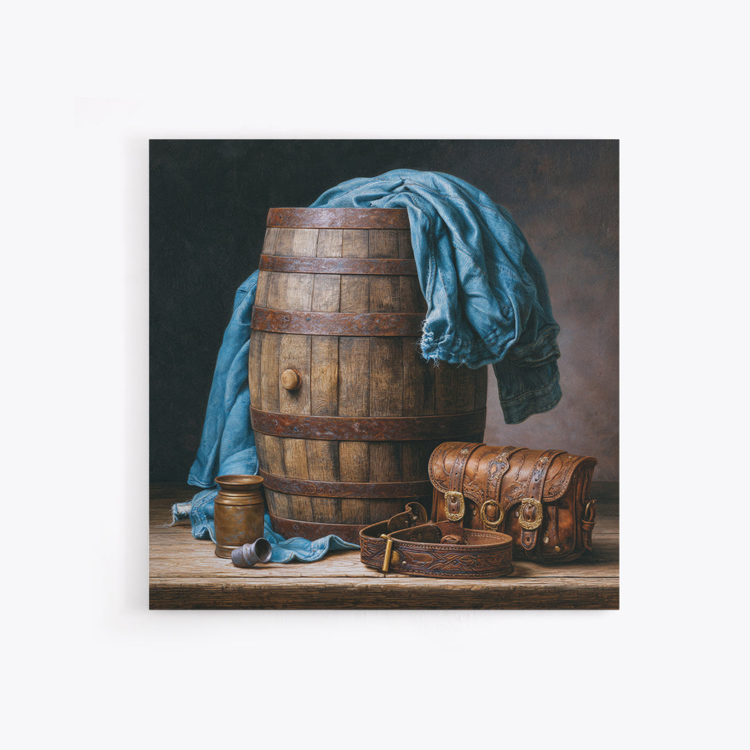 Whiskey Barrel and Leather Still Life Framed Canvas Print, Rustic Art, Gallery Decor, Farmhouse Decor, Fine Art, Rustic, RUS-1x1-67