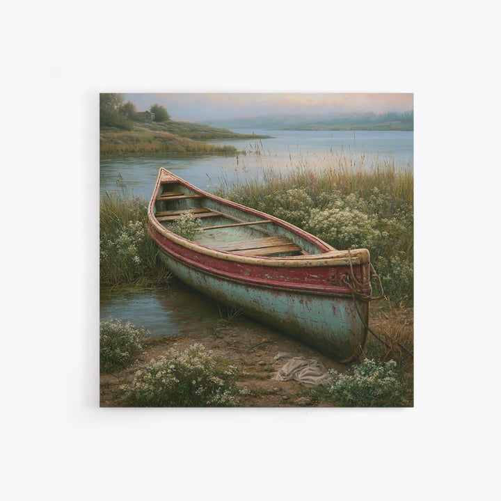 Old Canoe Pulled Onto a Lake Shore Framed Canvas Print, Rustic Art, Eclectic Wall Art, Farmhouse Decor, Oil Painting, Rustic, RUS-1x1-68