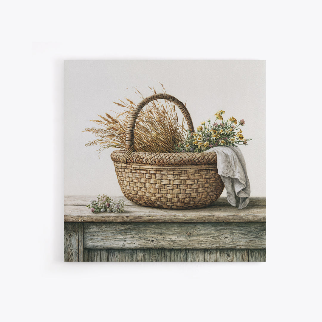 Handwoven Basket with Dried Grasses Framed Canvas Print, Rustic Art, Gallery Wall Art, Farmhouse Decor, Abstract Art, Rustic, RUS-1x1-72