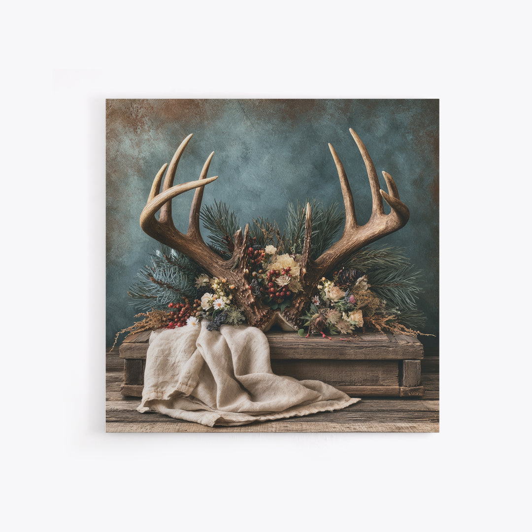 Deer Antlers with Pine Branches and Berries Framed Canvas Print, Rustic Art, Gallery Wall Set, Farmhouse Decor, Watercolor Art, RUS-1x1-74