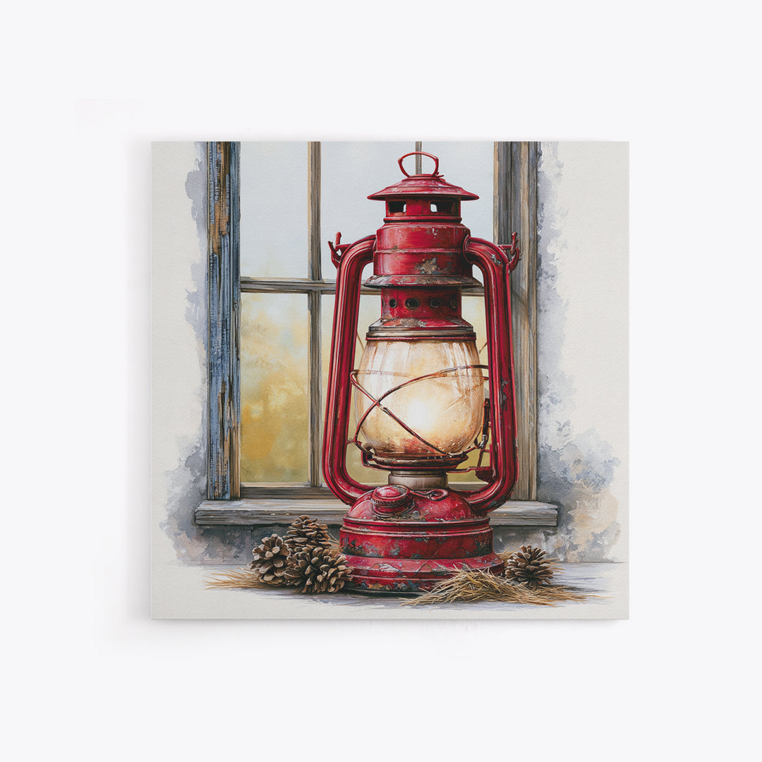 Rustic Lantern Glowing Beside Pinecones Canvas Print, Rustic Art, Portrait Painting, Farmhouse Decor, Fine Art, Rustic, RUS-1x1-76