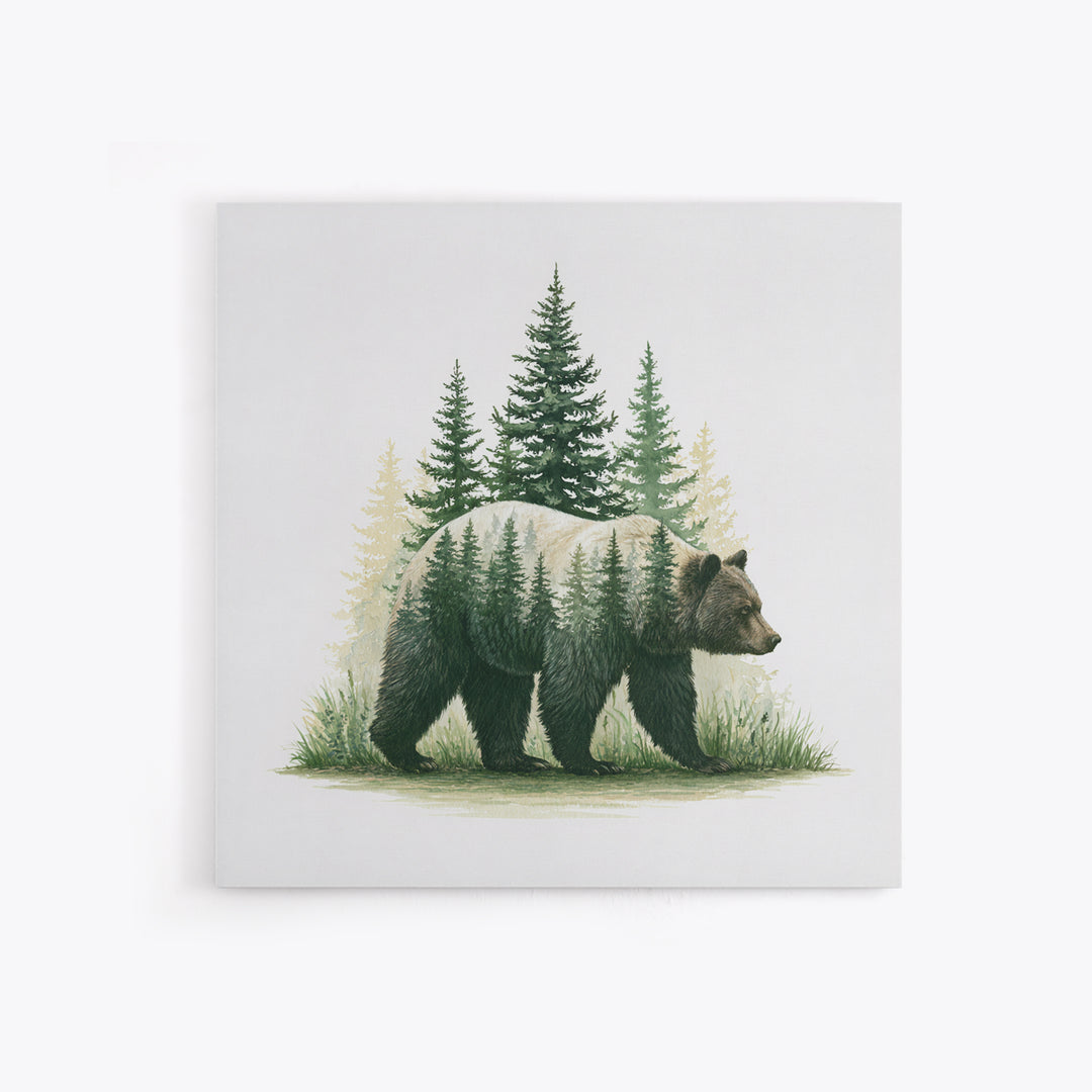 Bear Silhouette Among Pine Trees Framed Canvas Print, Rustic Art, Modern Decor, Farmhouse Decor, Oil Painting, Rustic, RUS-1x1-79