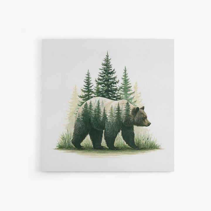 Bear Silhouette Among Pine Trees Framed Canvas Print, Rustic Art, Modern Decor, Farmhouse Decor, Oil Painting, Rustic, RUS-1x1-79