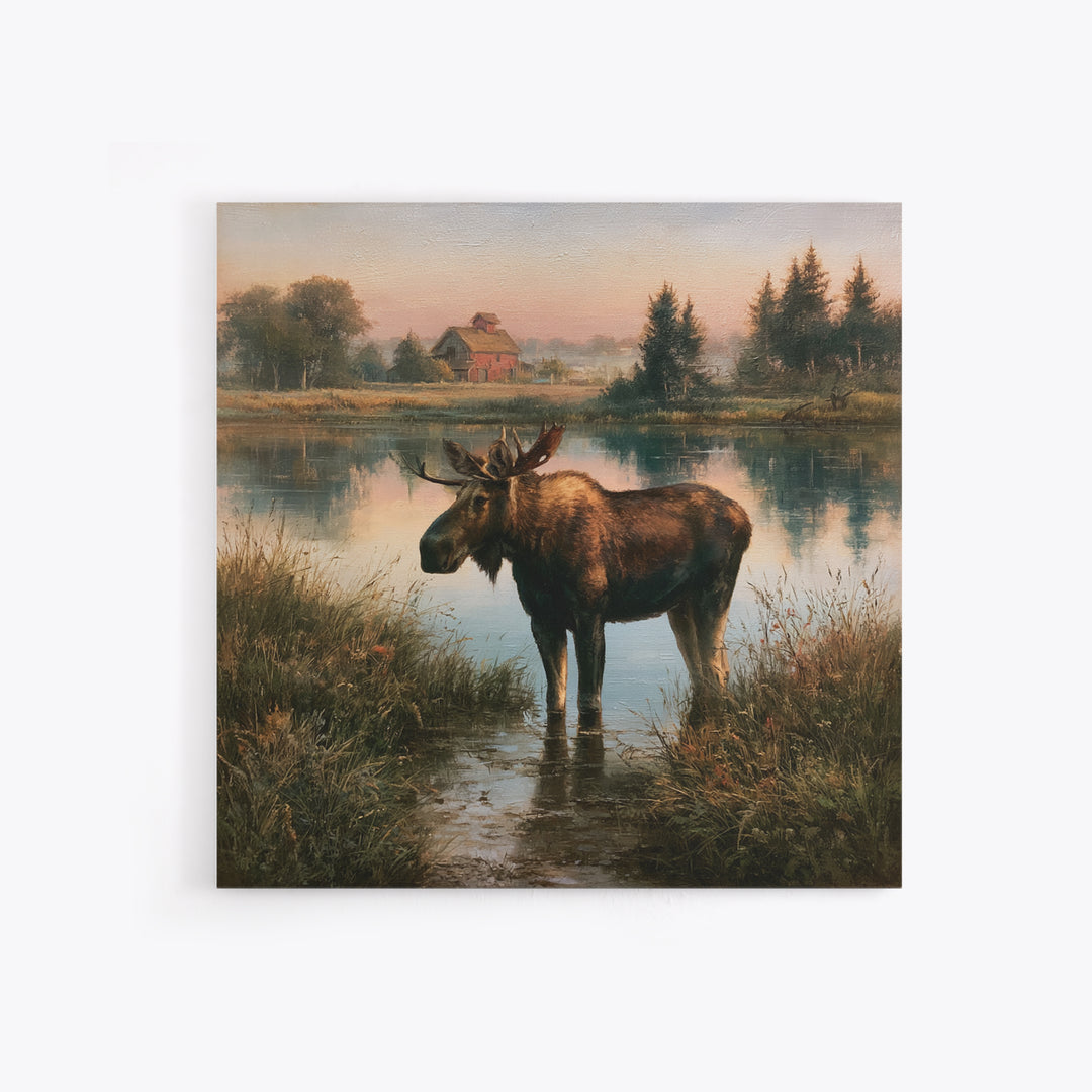 Moose Standing by a Quiet Lake Canvas Print, Rustic Art, Textured Painting, Farmhouse Decor, Oil Painting, Rustic, RUS-1x1-81