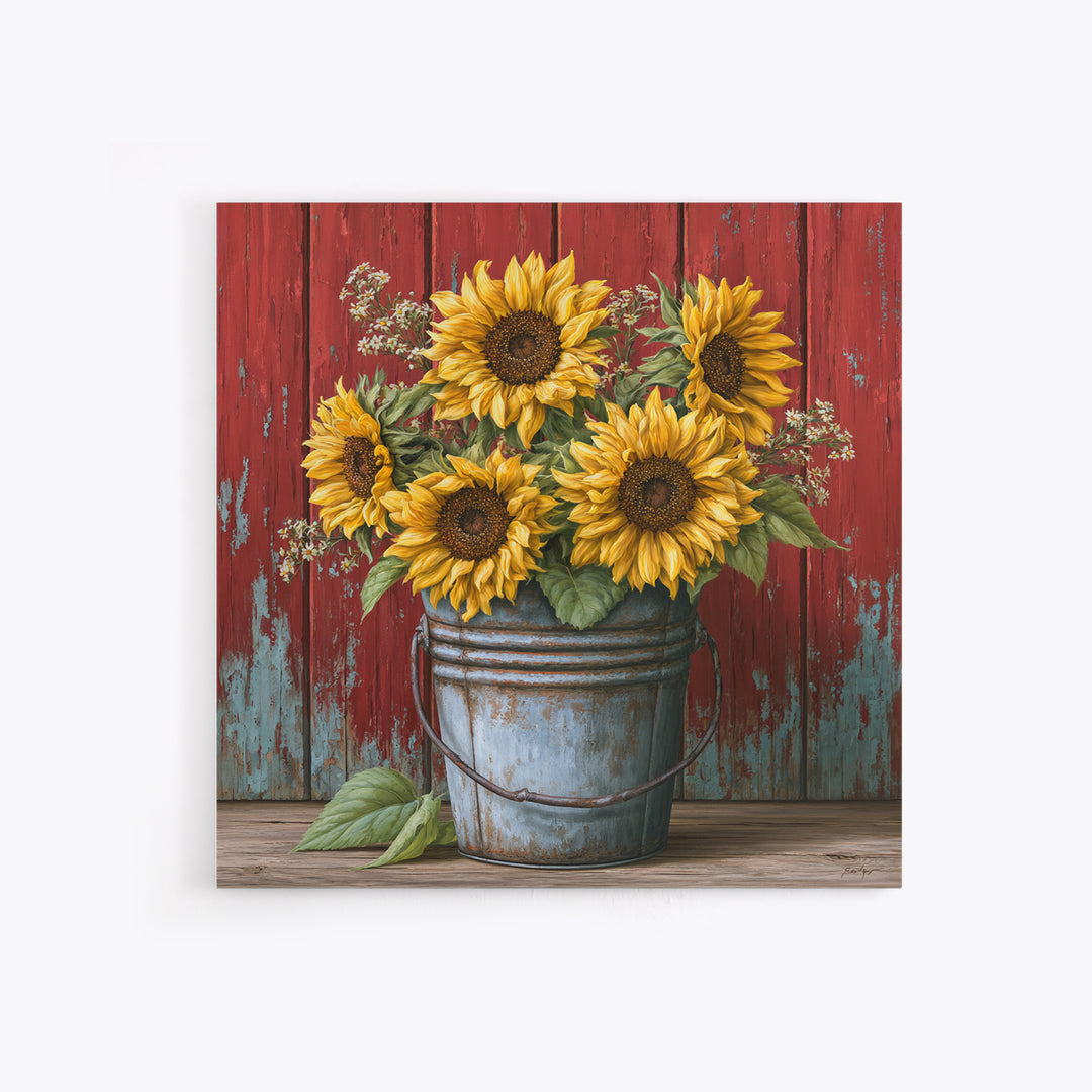 Sunflowers in a Metal Bucket Framed Canvas Print, Rustic Art, Landscape Wall Art, Farmhouse Decor, Rustic, Luxury Decor, RUS-1x1-84