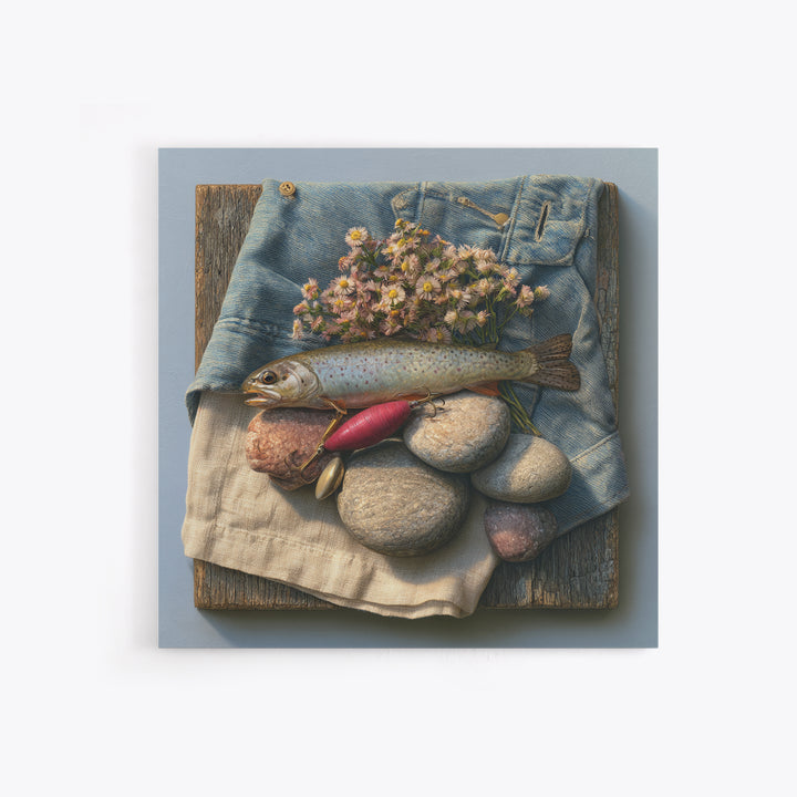 Trout Fishing Lure and River Stones Canvas Print, Rustic Art, Neutral Decor, Farmhouse Decor, Fine Art, Rustic, Home Decor, RUS-1x1-86