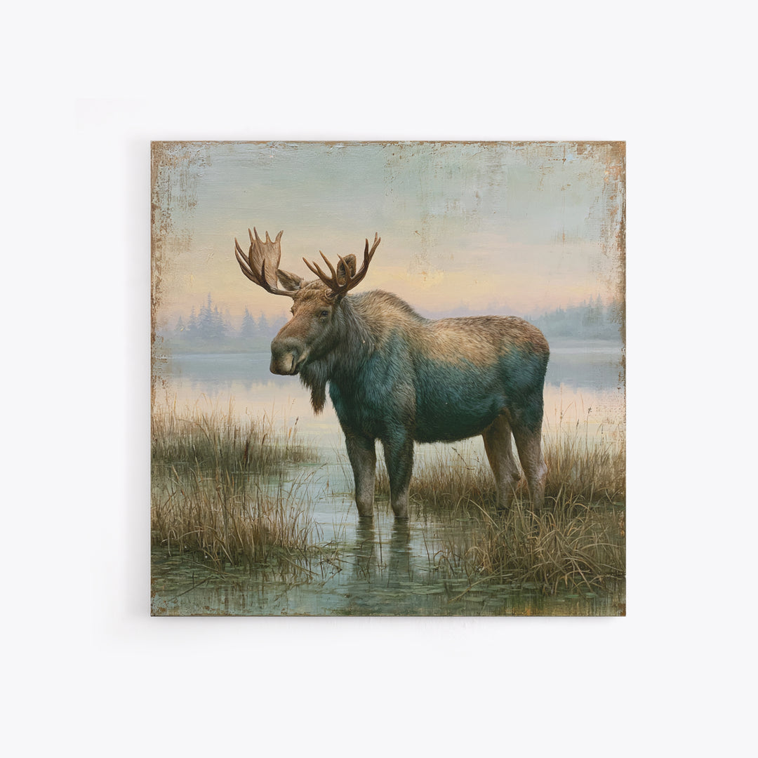 Moose Standing by a Quiet Lake Canvas Print, Rustic Art, Living Room Art, Farmhouse Decor, Watercolor Art, Rustic, RUS-1x1-9