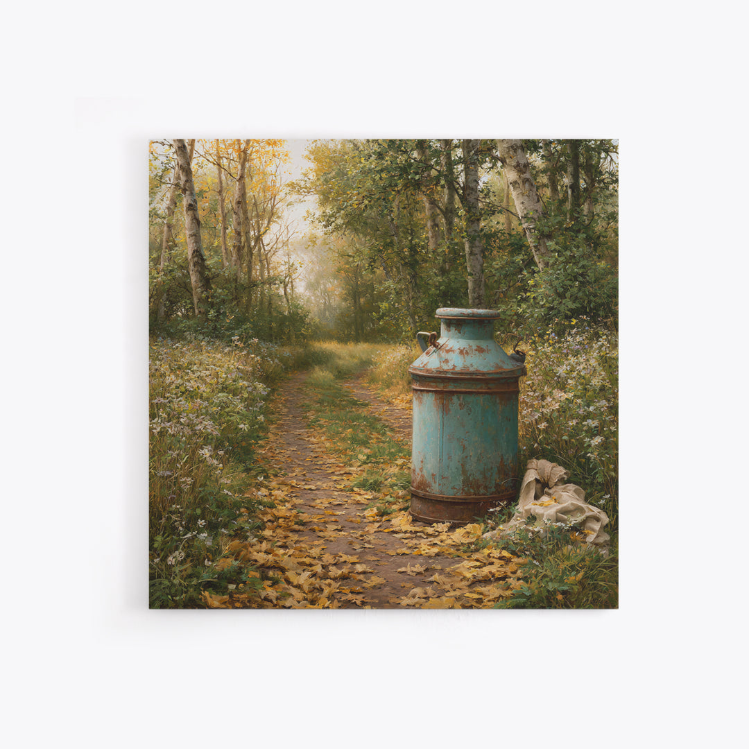 Forest Path with Golden Autumn Leaves Canvas Print, Rustic Art, Downloadable Art, Farmhouse Decor, Oil Painting, Rustic, RUS-1x1-90