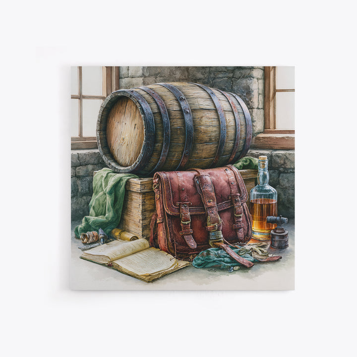 Whiskey Barrel and Leather Still Life Canvas Print, Rustic Art, Boho Decor, Farmhouse Decor, Fine Art, Rustic, Art Print, RUS-1x1-91