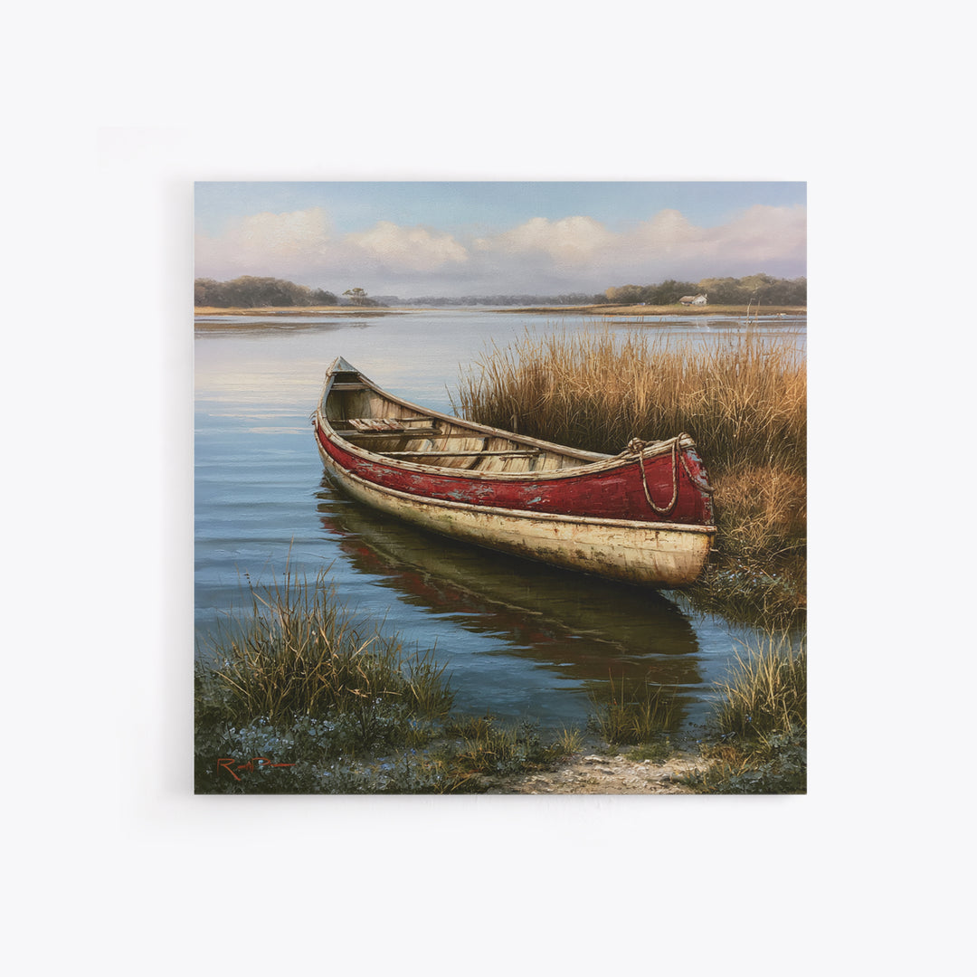 Old Canoe Pulled Onto a Lake Shore Canvas Print, Rustic Art, Downloadable Art, Farmhouse Decor, Fine Art, Rustic, RUS-1x1-92