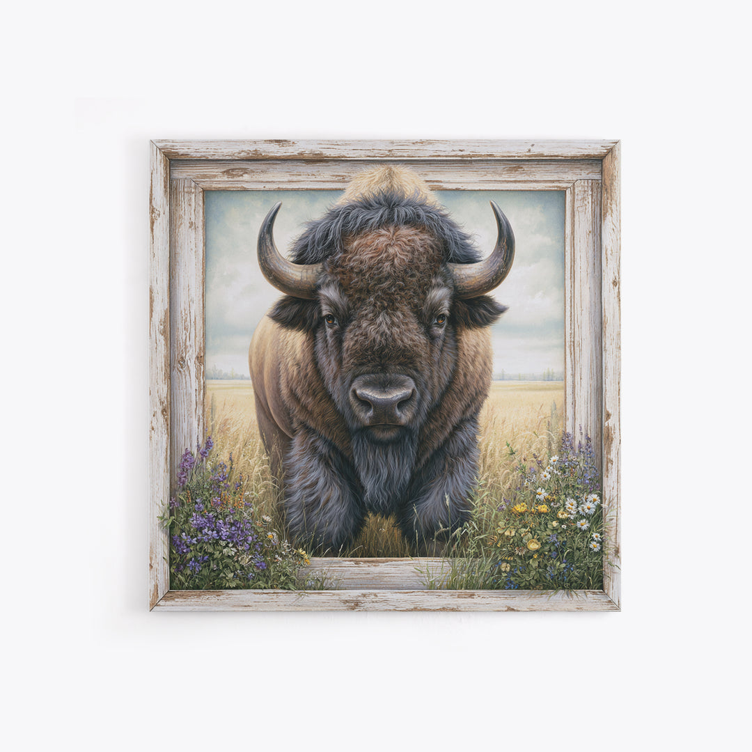 Buffalo Portrait with Western Texture Canvas Print, Rustic Art, Living Room Art, Farmhouse Decor, Fine Art, Rustic, RUS-1x1-94