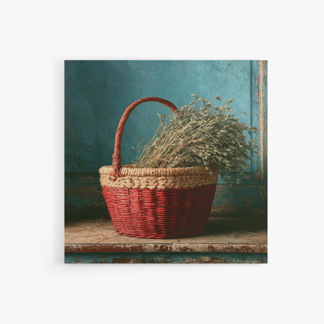 Handwoven Basket with Dried Grasses Framed Canvas Print, Rustic Art, Digital Prints, Farmhouse Decor, Fine Art, Rustic, RUS-1x1-96