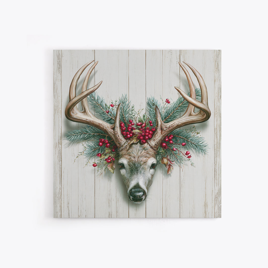 Deer Antlers with Pine Branches and Berries Canvas Print, Rustic Art, Statement Artwork, Farmhouse Decor, Fine Art, Rustic, RUS-1x1-98