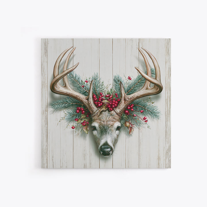 Deer Antlers with Pine Branches and Berries Canvas Print, Rustic Art, Statement Artwork, Farmhouse Decor, Fine Art, Rustic, RUS-1x1-98