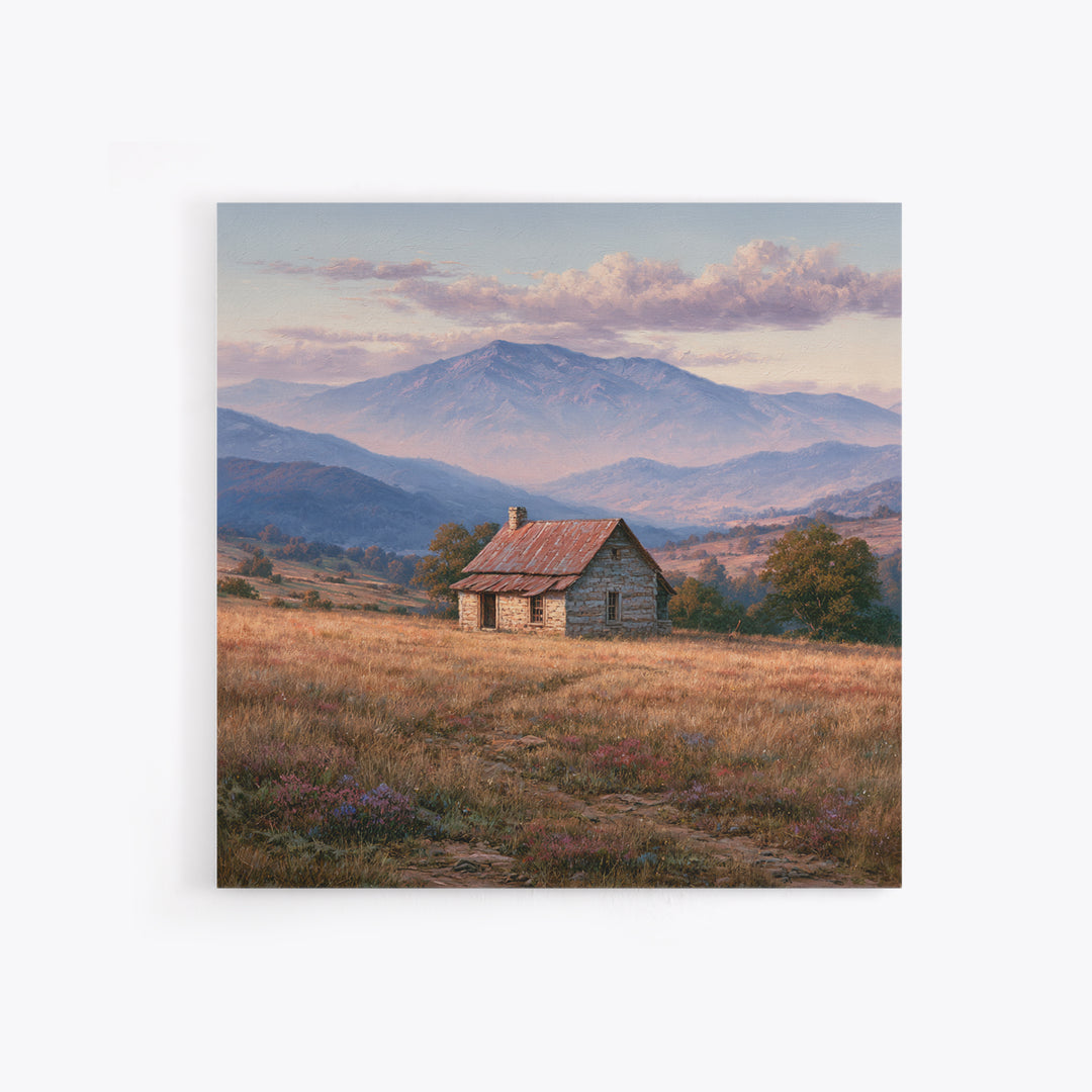Mountain Cabin Landscape Canvas Print, Rustic Art, Wall Art, Farmhouse Decor, Oil Painting, Rustic, Living Room Decor, RUS-1x1-99