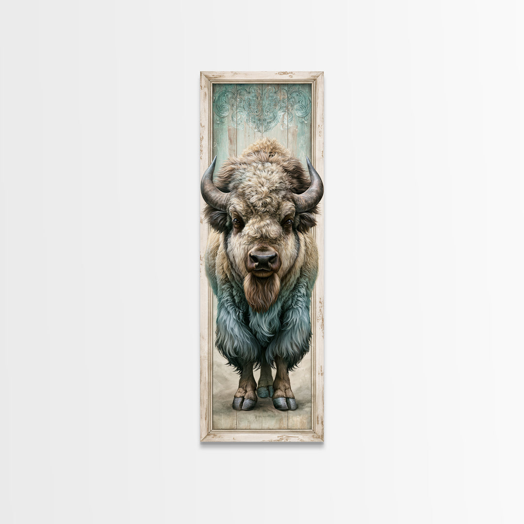 Buffalo Portrait with Western Texture Canvas Print, Rustic Art, Wood Art, Farmhouse Decor, Oil Painting, Rustic, Wall Decor, RUS-1x3-10