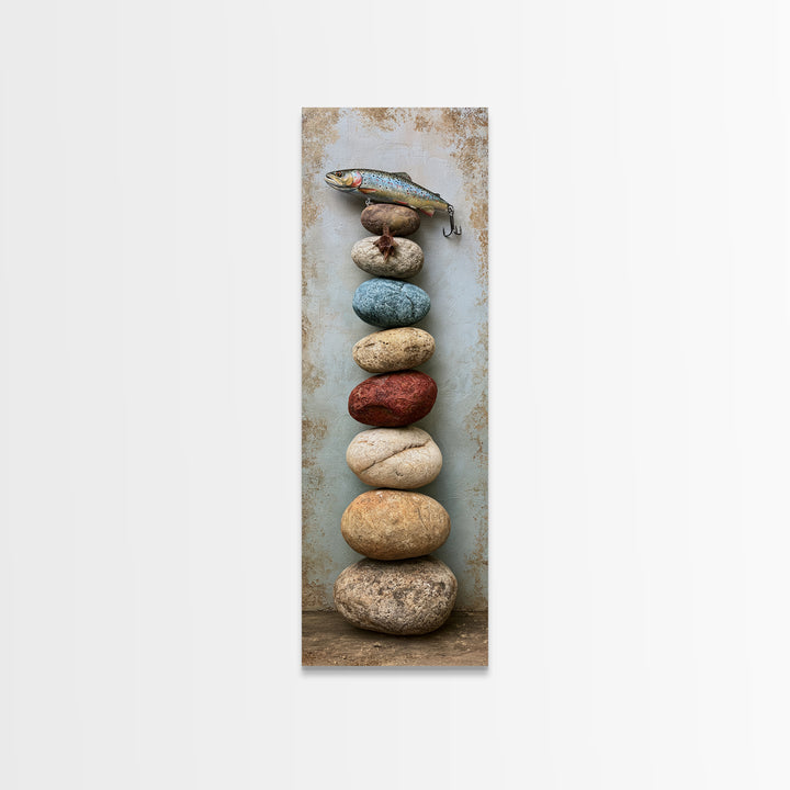 Trout Fishing Lure and River Stones Canvas Print, Rustic Art, Farmhouse Wall Art, Farmhouse Decor, Rustic, Statement Artwork, RUS-1x3-2
