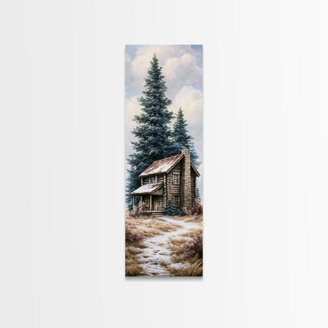 Log Cabin with Snowy Pines Canvas Print, Rustic Art, Digital Prints, Farmhouse Decor, Oil Painting, Rustic, 3d Wall Art, RUS-1x3-27