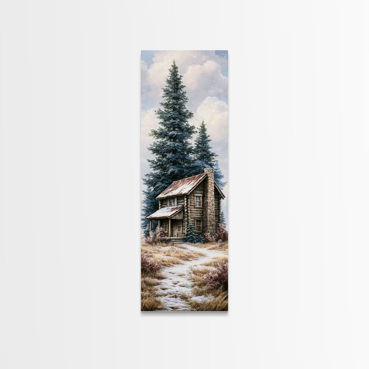 Log Cabin with Snowy Pines Canvas Print, Rustic Art, Digital Prints, Farmhouse Decor, Oil Painting, Rustic, 3d Wall Art, RUS-1x3-27