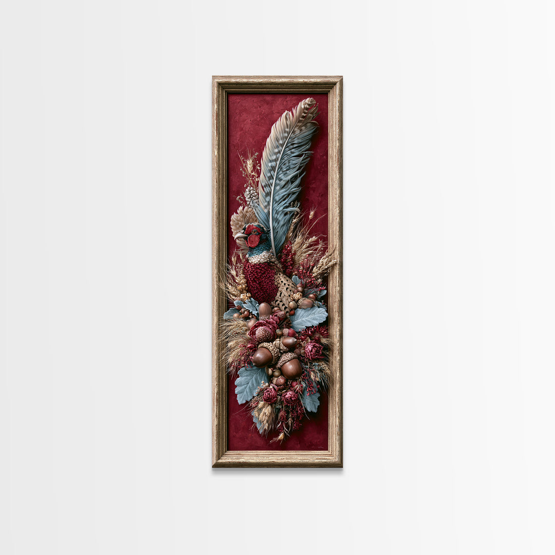 Pheasant Feathers and Acorns Arrangement Canvas Print, Rustic Art, Room Decor, Farmhouse Decor, Fine Art, Rustic, Oil Painting, RUS-1x3-28