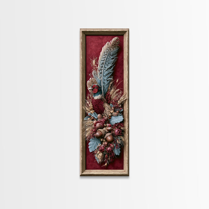 Pheasant Feathers and Acorns Arrangement Canvas Print, Rustic Art, Room Decor, Farmhouse Decor, Fine Art, Rustic, Oil Painting, RUS-1x3-28