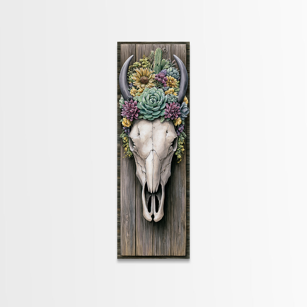 Cow Skull with Desert Flowers Framed Canvas Print, Rustic Art, Neutral Decor, Farmhouse Decor, Fine Art, Rustic, Home Decor, RUS-1x3-29