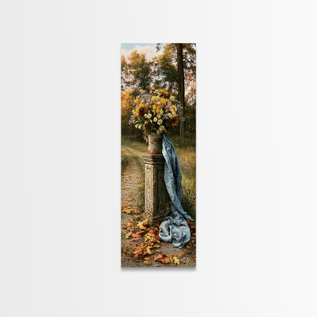 Forest Path with Golden Autumn Leaves Framed Canvas Print, Rustic Art, Portrait Painting, Farmhouse Decor, Fine Art, Rustic, RUS-1x3-30