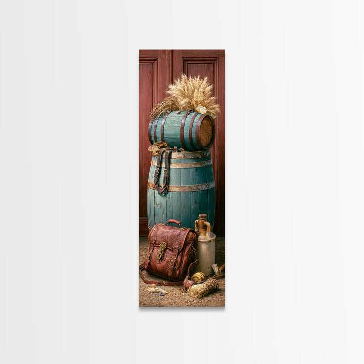 Whiskey Barrel and Leather Still Life Framed Canvas Print, Rustic Art, Art Print, Farmhouse Decor, Watercolor Art, Rustic, RUS-1x3-31