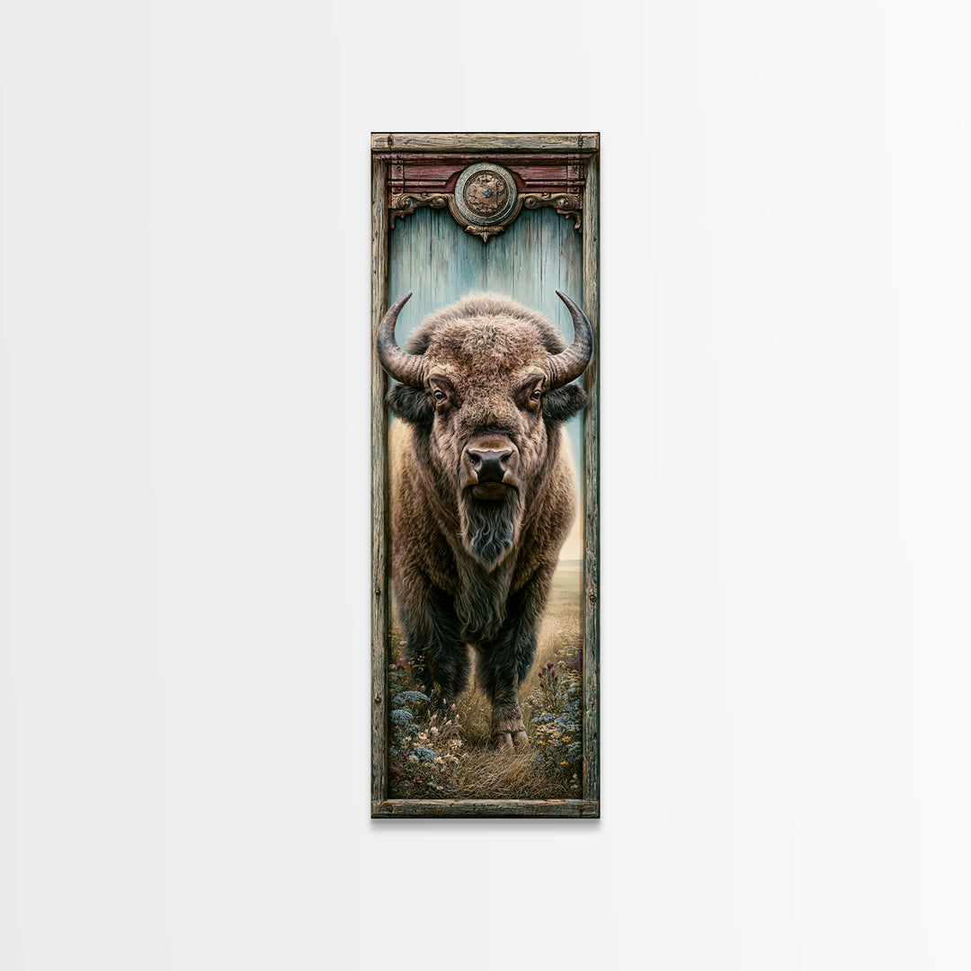 Buffalo Portrait with Western Texture Framed Canvas Print, Rustic Art, Gallery Wall Art, Farmhouse Decor, Fine Art, Rustic, RUS-1x3-34