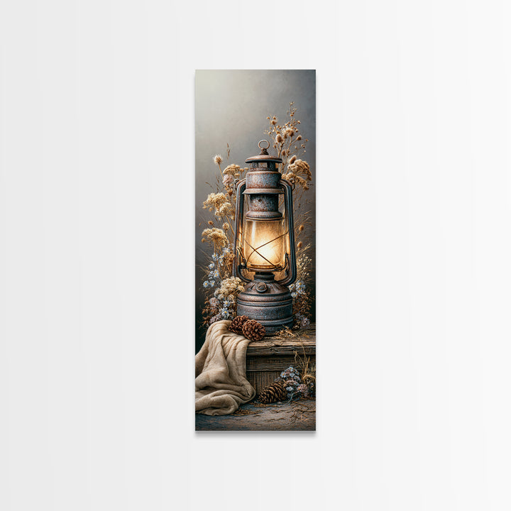 Rustic Lantern Glowing Beside Pinecones Canvas Print, Rustic Art, Digital Prints, Farmhouse Decor, Rustic, 3d Wall Art, RUS-1x3-40