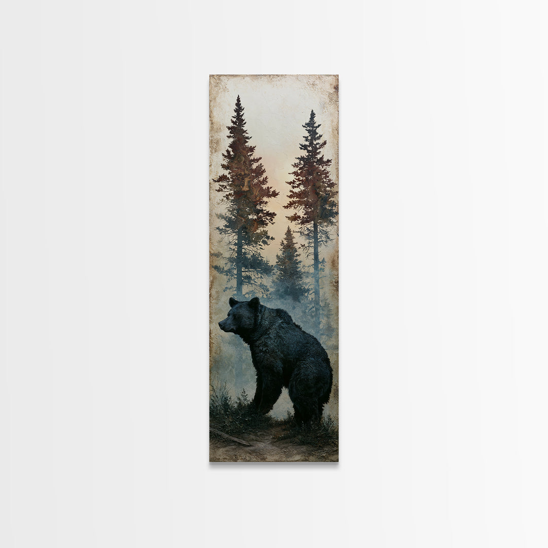 Bear Silhouette Among Pine Trees Canvas Print, Rustic Art, Oil Painting, Farmhouse Decor, Fine Art, Rustic, Modern Art, RUS-1x3-43
