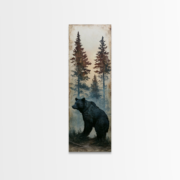Bear Silhouette Among Pine Trees Canvas Print, Rustic Art, Oil Painting, Farmhouse Decor, Fine Art, Rustic, Modern Art, RUS-1x3-43