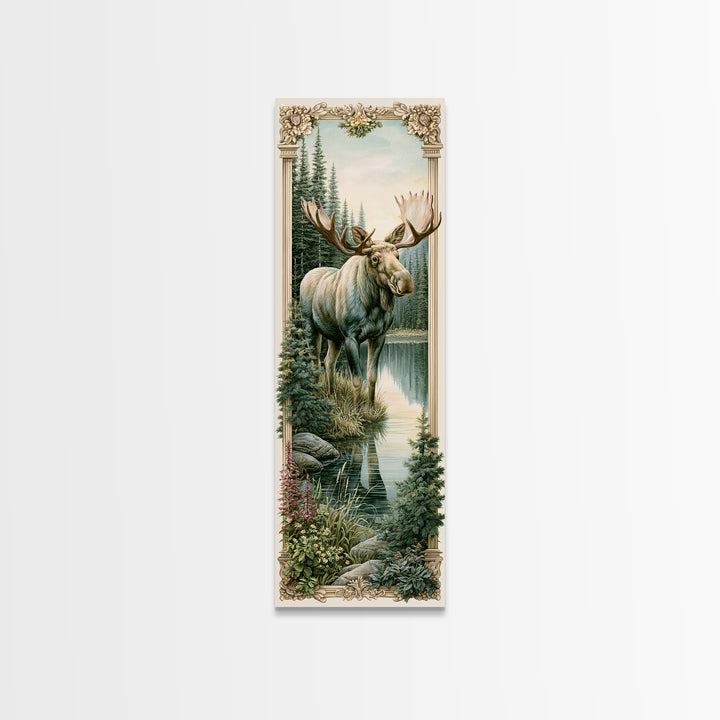 Moose Standing by a Quiet Lake Framed Canvas Print, Rustic Art, Boho Decor, Farmhouse Decor, Fine Art, Rustic, Art Print, RUS-1x3-45