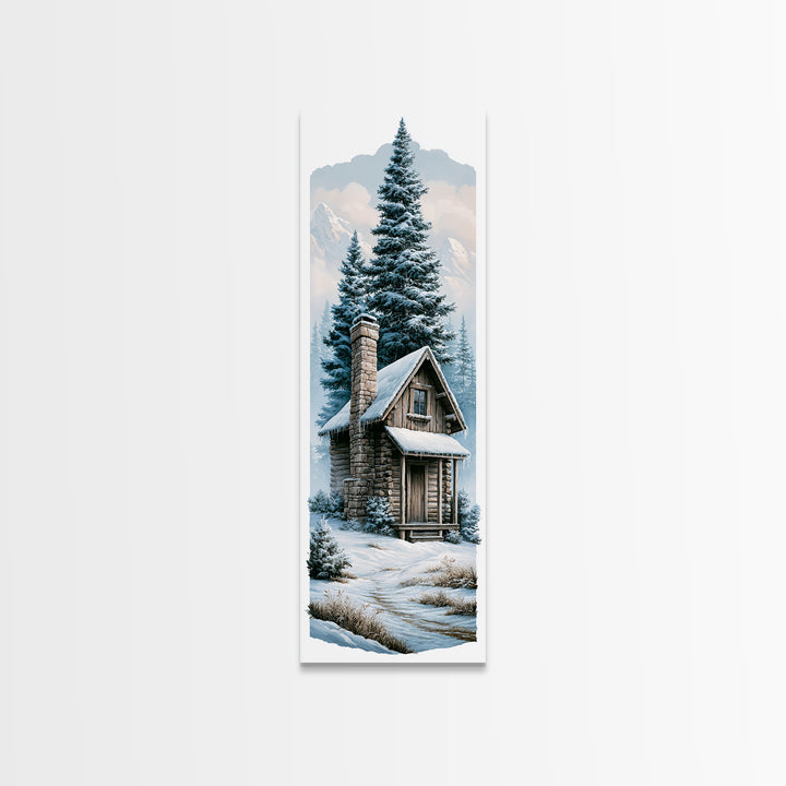 Log Cabin with Snowy Pines Canvas Print, Rustic Art, Boho Wall Art, Farmhouse Decor, Abstract Art, Rustic, Downloadable Art, RUS-1x3-51