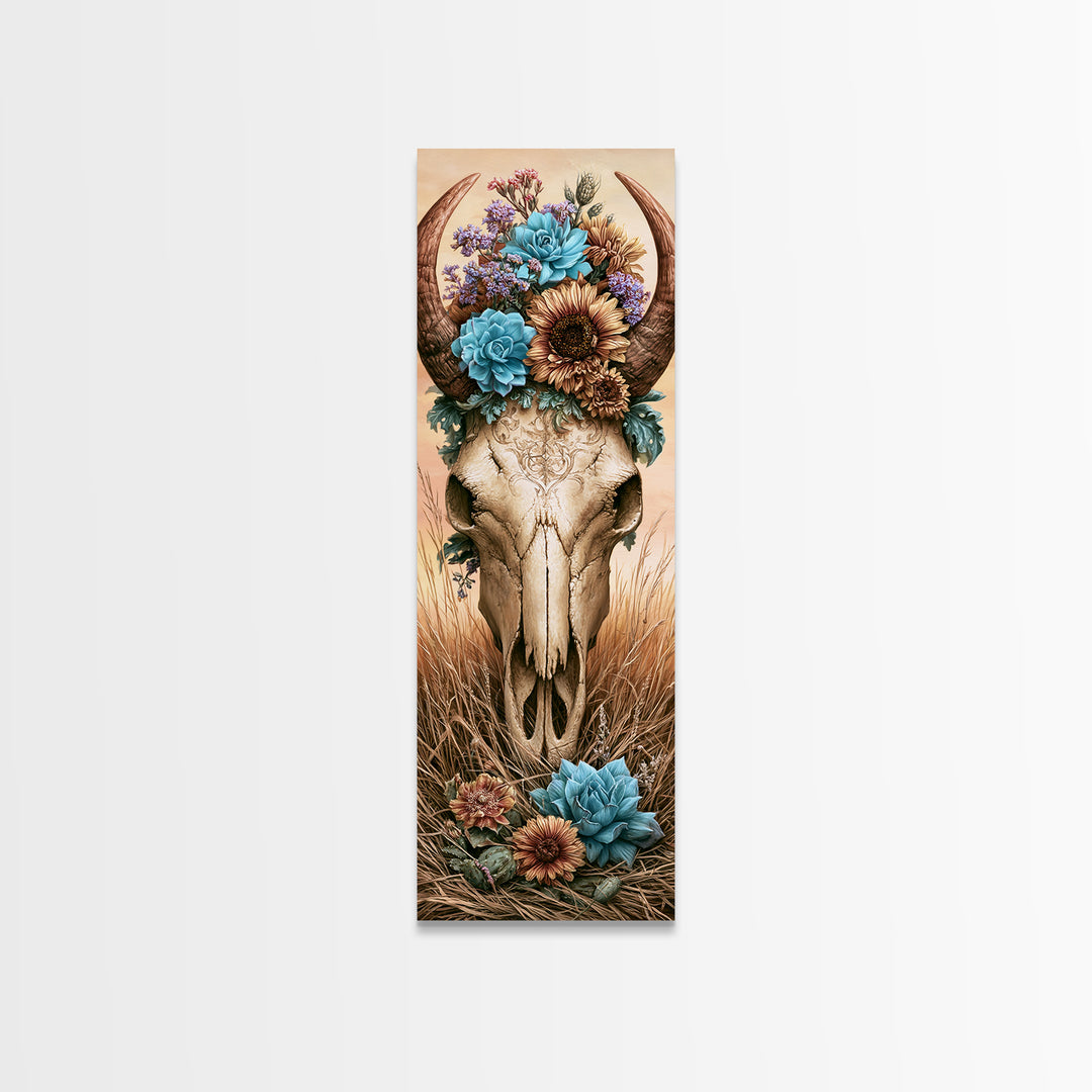 Cow Skull with Desert Flowers Framed Canvas Print, Rustic Art, Neutral Decor, Farmhouse Decor, Fine Art, Rustic, Home Decor, RUS-1x3-53