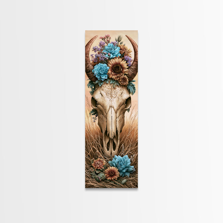 Cow Skull with Desert Flowers Framed Canvas Print, Rustic Art, Neutral Decor, Farmhouse Decor, Fine Art, Rustic, Home Decor, RUS-1x3-53