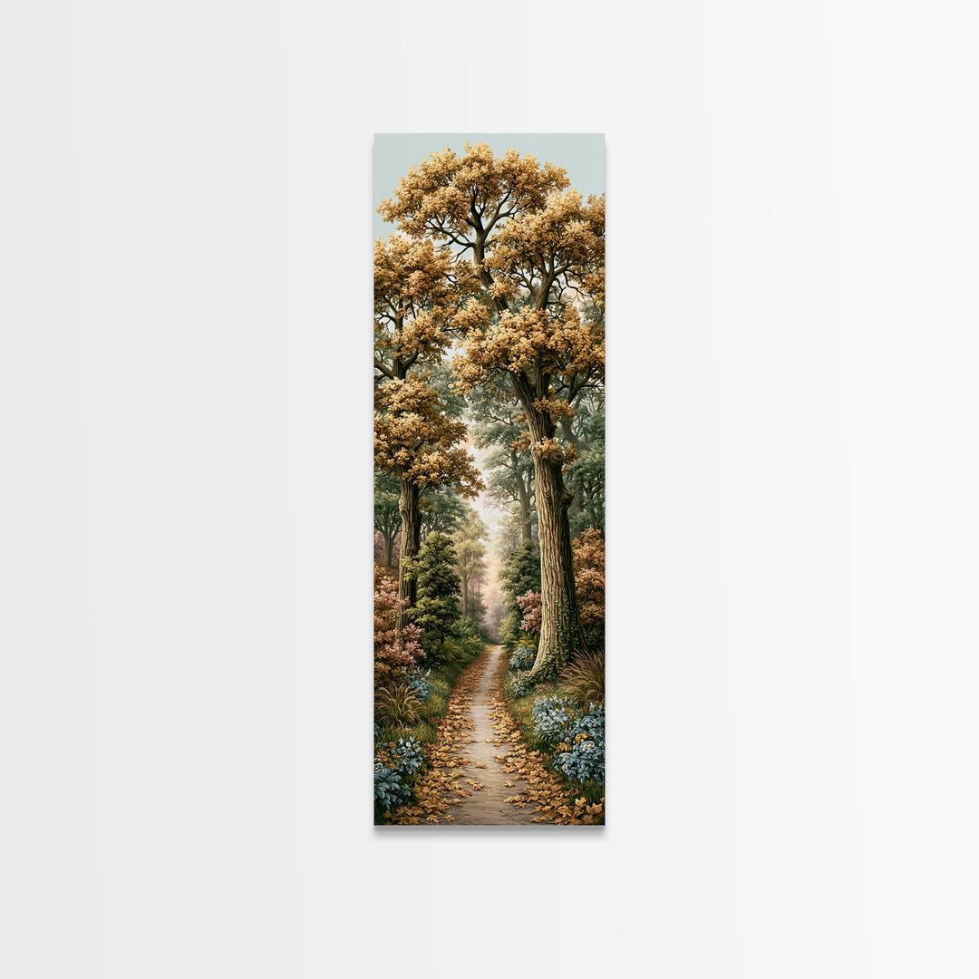 Forest Path with Golden Autumn Leaves Framed Canvas Print, Rustic Art, Portrait Painting, Farmhouse Decor, Fine Art, Rustic, RUS-1x3-54