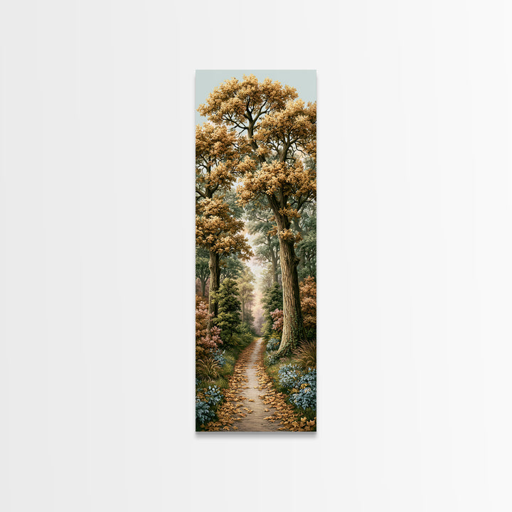 Forest Path with Golden Autumn Leaves Framed Canvas Print, Rustic Art, Portrait Painting, Farmhouse Decor, Fine Art, Rustic, RUS-1x3-54