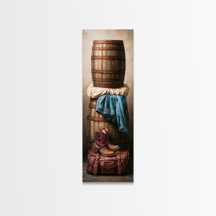 Whiskey Barrel and Leather Still Life Canvas Print, Rustic Art, Printable Art, Farmhouse Decor, Oil Painting, Rustic, RUS-1x3-55