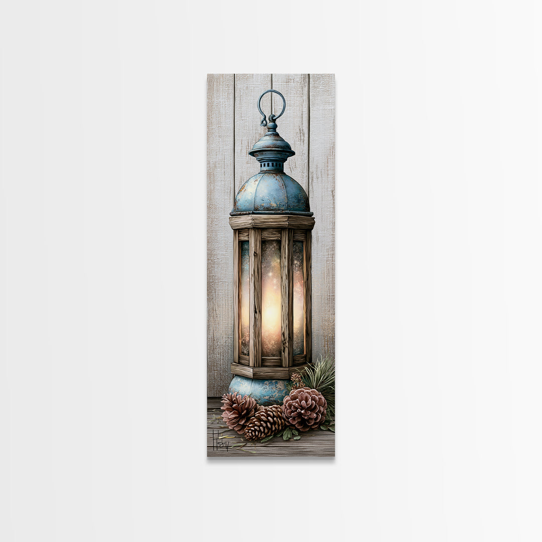 Rustic Lantern Glowing Beside Pinecones Framed Canvas Print, Rustic Art, Wood Wall Art, Farmhouse Decor, Fine Art, Rustic, RUS-1x3-64