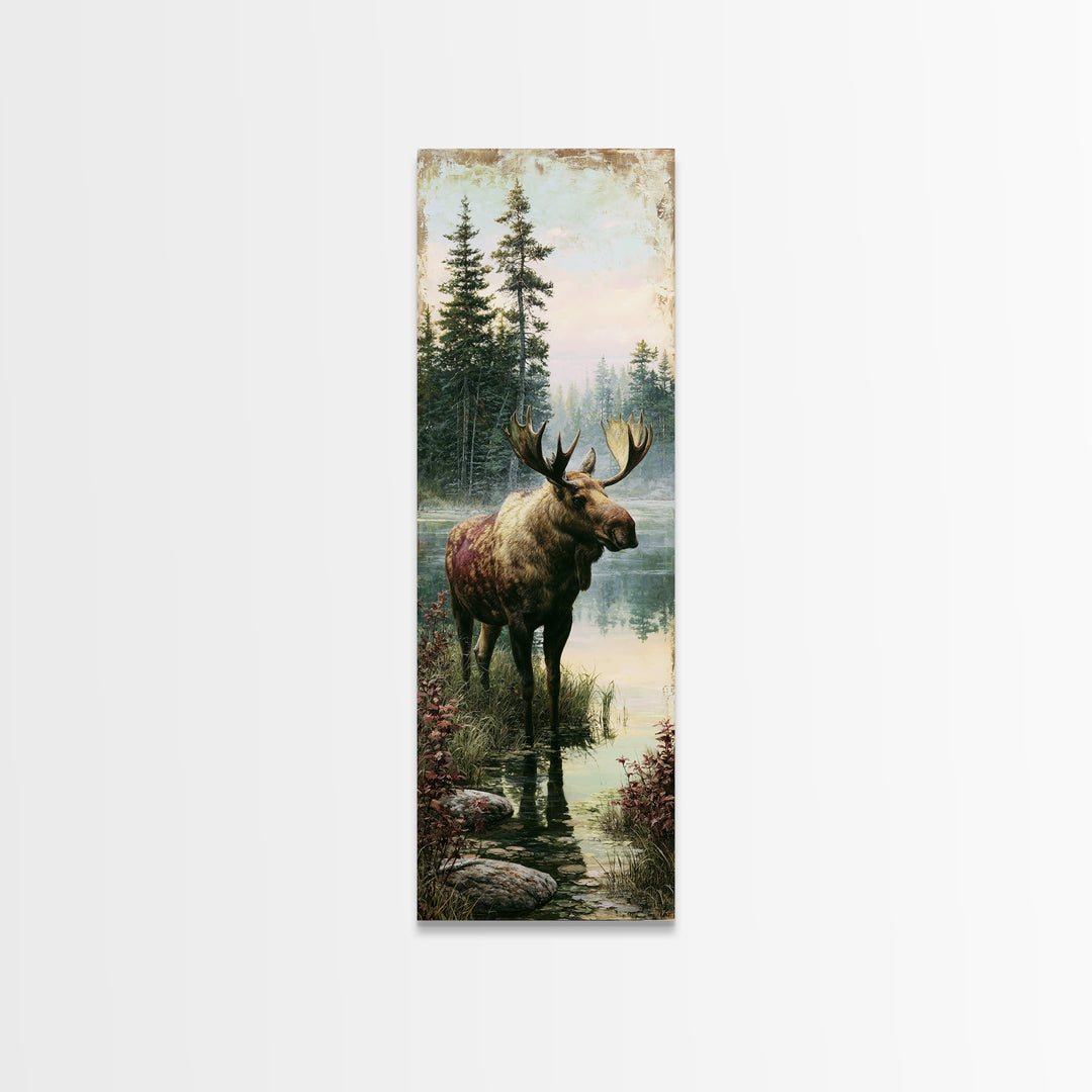 Moose Standing by a Quiet Lake Framed Canvas Print, Rustic Art, Boho Decor, Farmhouse Decor, Fine Art, Rustic, Art Print, RUS-1x3-69