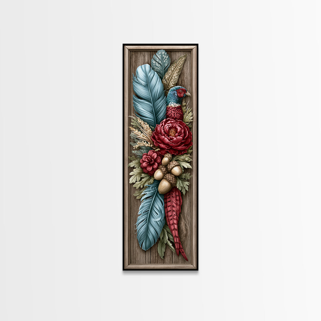 Pheasant Feathers and Acorns Arrangement Framed Canvas Print, Rustic Art, Farmhouse Decor, Oil Painting, Rustic, RUS-1x3-76