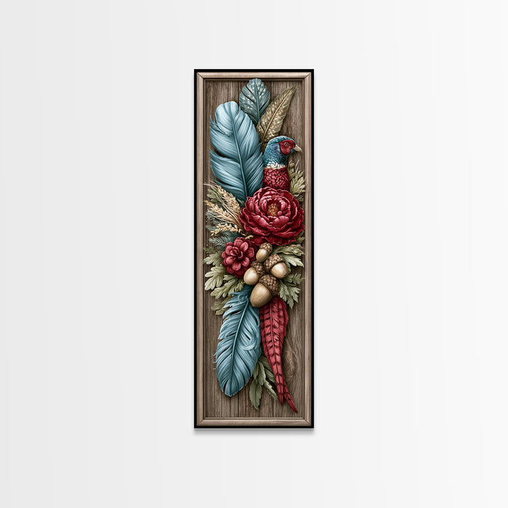 Pheasant Feathers and Acorns Arrangement Framed Canvas Print, Rustic Art, Farmhouse Decor, Oil Painting, Rustic, RUS-1x3-76