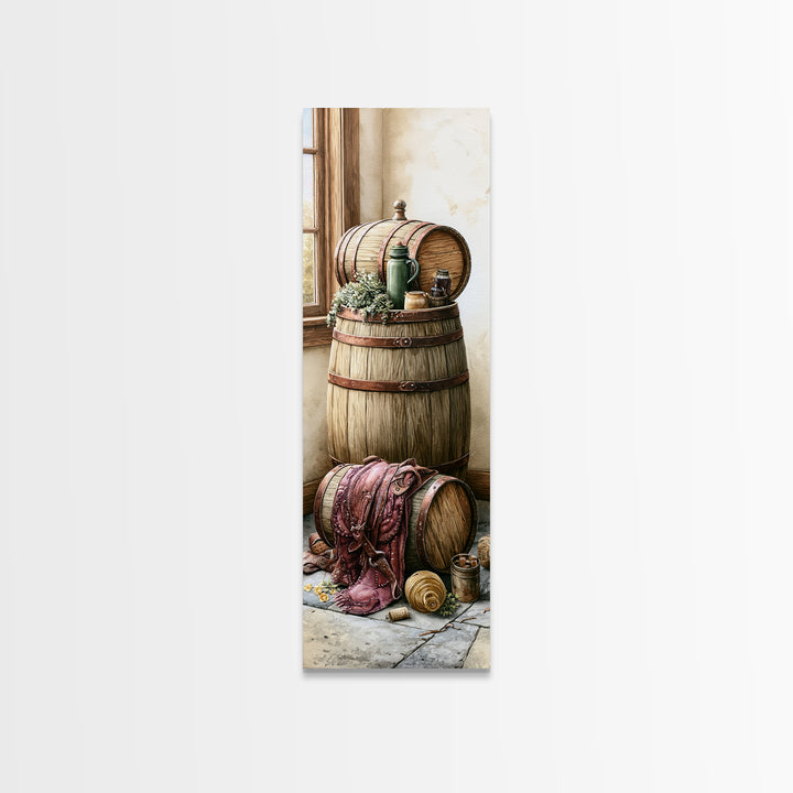 Whiskey Barrel and Leather Still Life Framed Canvas Print, Rustic Art, 3d Wall Art, Farmhouse Decor, Fine Art, Rustic, RUS-1x3-79