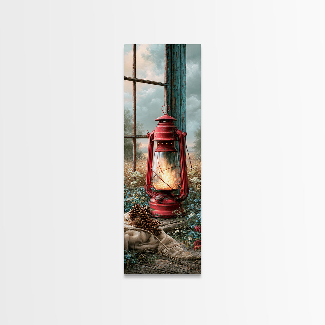 Rustic Lantern Glowing Beside Pinecones Canvas Print, Rustic Art, Boho Wall Art, Farmhouse Decor, Rustic, Downloadable Art, RUS-1x3-88