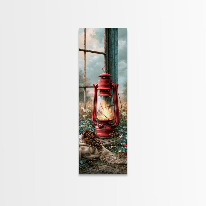 Rustic Lantern Glowing Beside Pinecones Canvas Print, Rustic Art, Boho Wall Art, Farmhouse Decor, Rustic, Downloadable Art, RUS-1x3-88