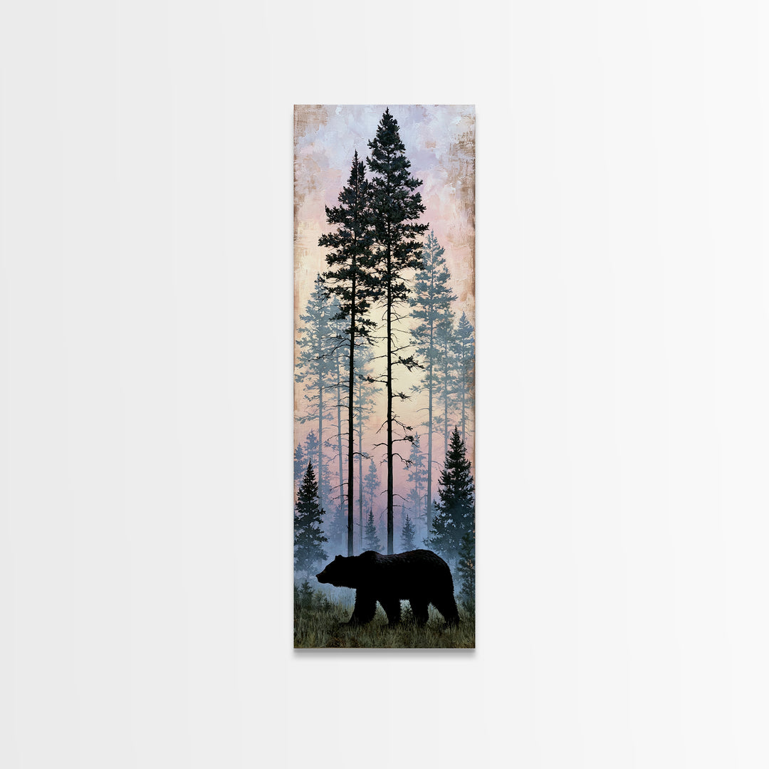 Bear Silhouette Among Pine Trees Framed Canvas Print, Rustic Art, Gallery Wall Art, Farmhouse Decor, Oil Painting, Rustic, RUS-1x3-91