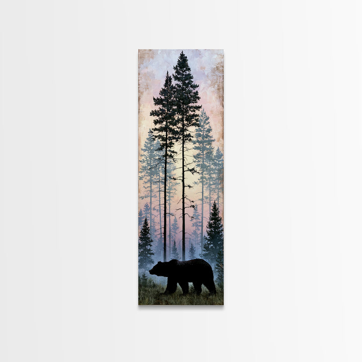 Bear Silhouette Among Pine Trees Framed Canvas Print, Rustic Art, Gallery Wall Art, Farmhouse Decor, Oil Painting, Rustic, RUS-1x3-91