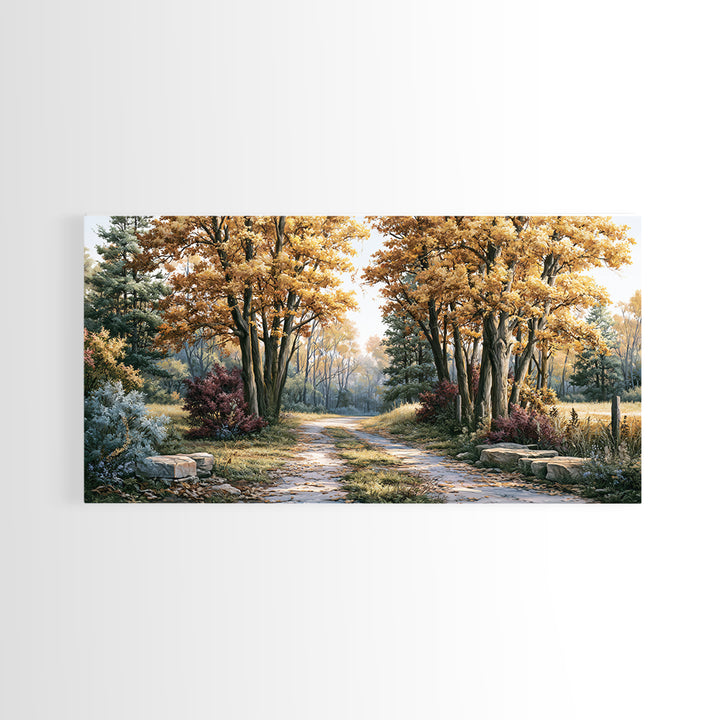 Forest Path with Golden Autumn Leaves Framed Canvas Print, Rustic Art, Modern Decor, Farmhouse Decor, Fine Art, Rustic, RUS-2x1-14