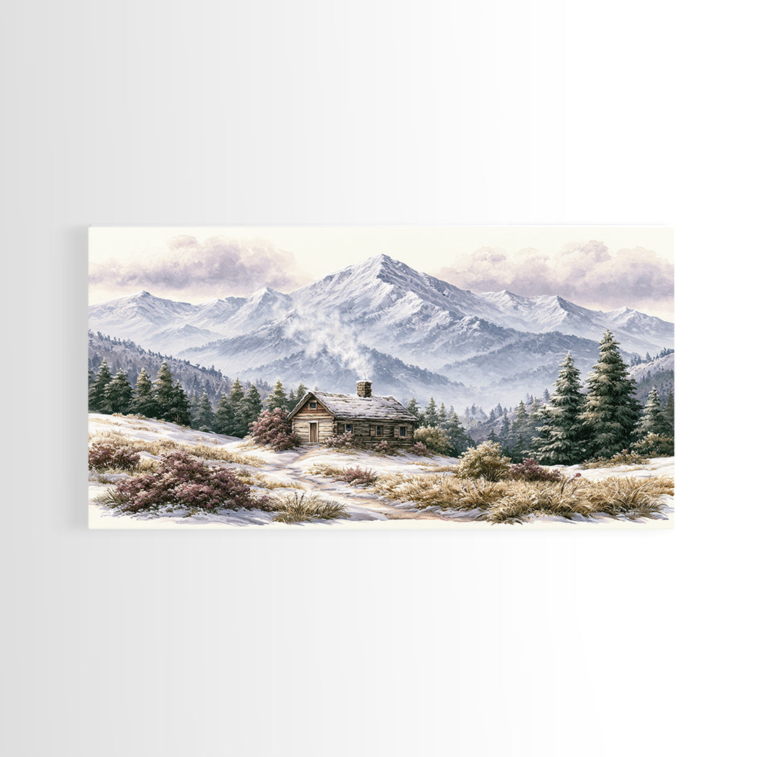 Winter Mountain Scene Framed Canvas Print, Rustic Art, Landscape Wall Art, Farmhouse Decor, Fine Art, Rustic, Luxury Decor, RUS-2x1-19